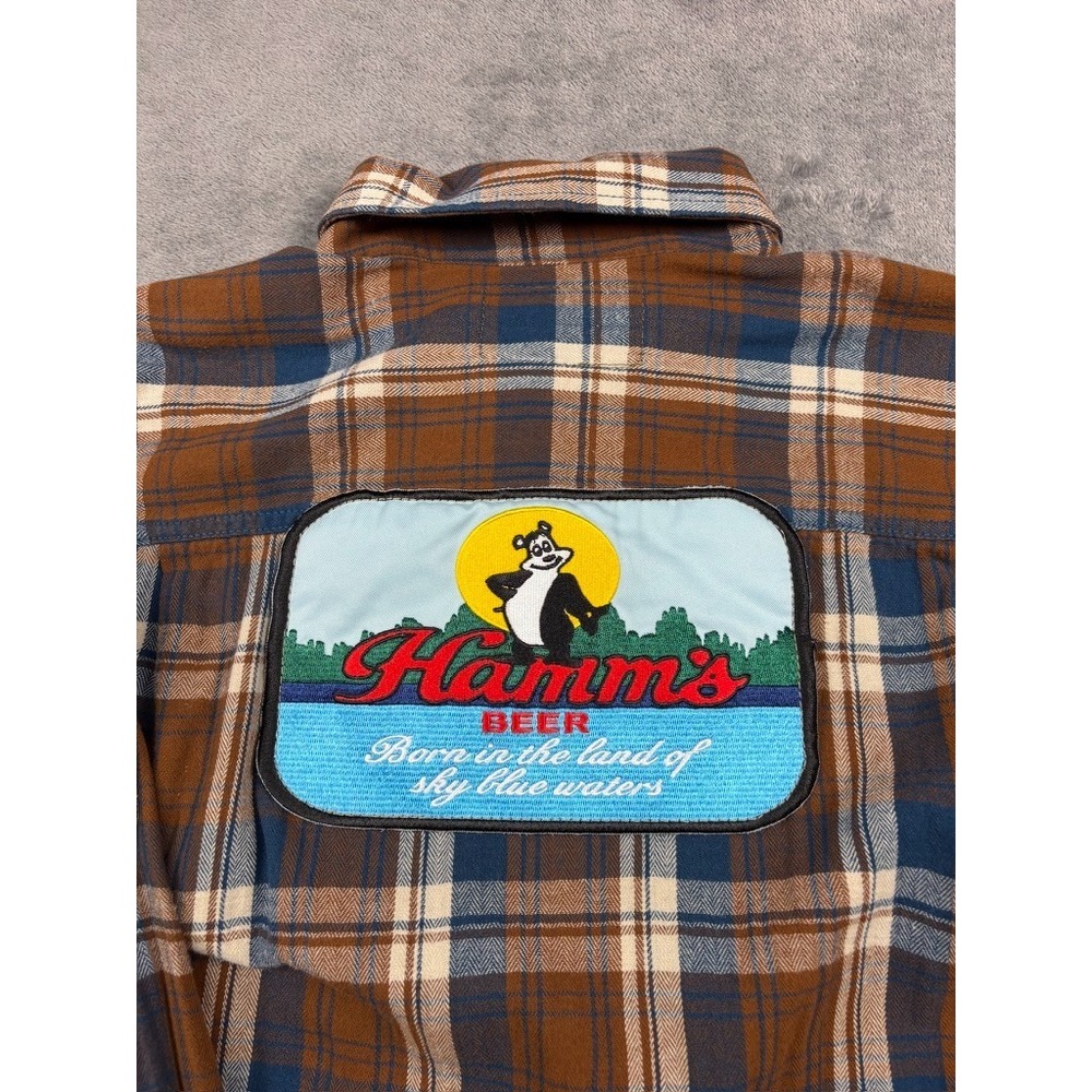 Angry Minnow Flannel Button Up Shirt Mens Medium Brown Plaid Hamms Beer Cotton